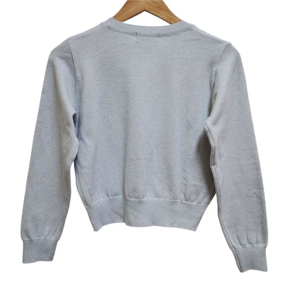 Cat Sweater Womens Sz S M Knit Gray Black Meow Spell Out Crop Stretchy Long Slv - Picture 2 of 10